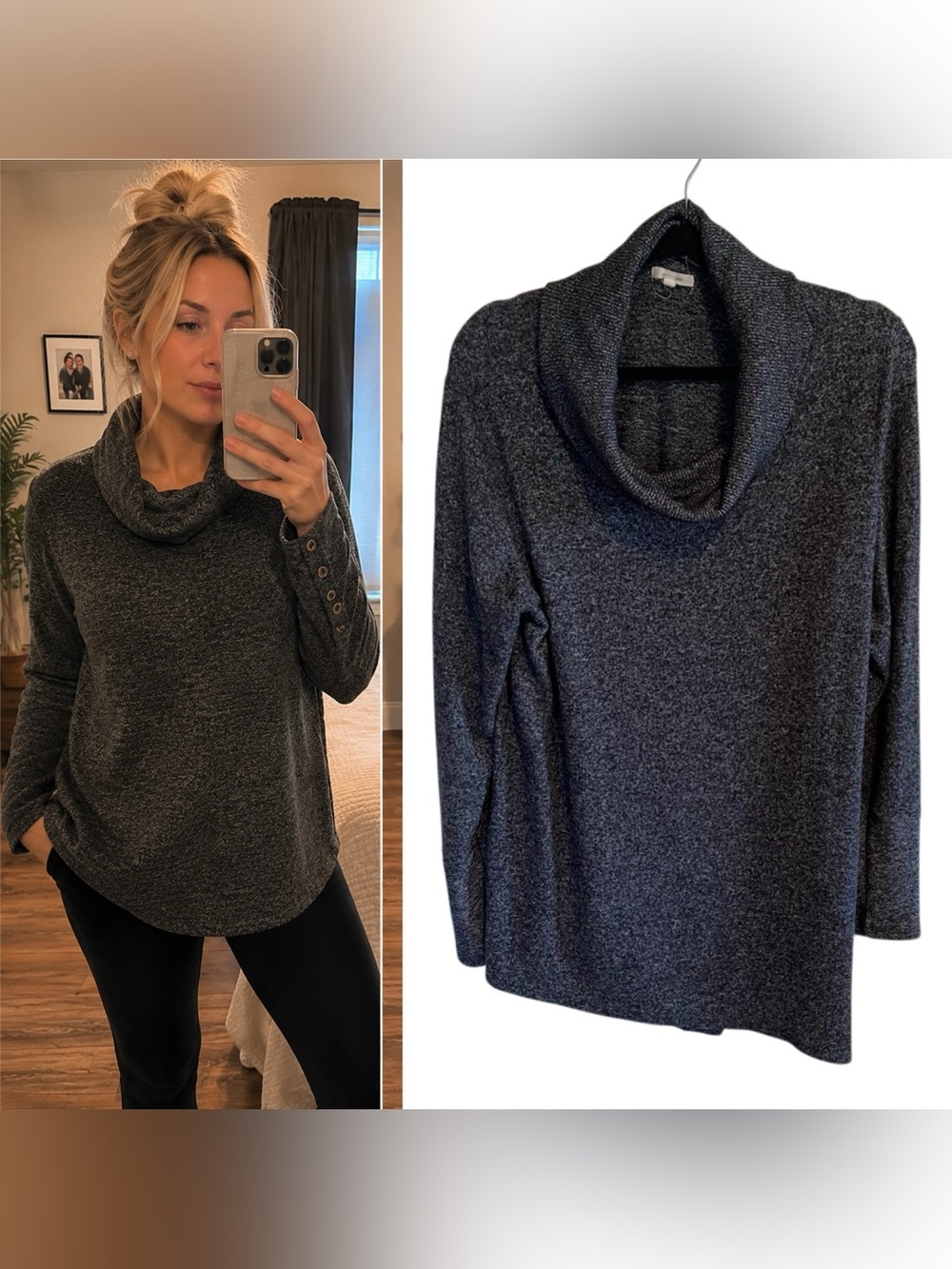 Maurices Gray Cowl Neck Tunic Sweater Top Side Slit Snap Sleeve Women’s Medium